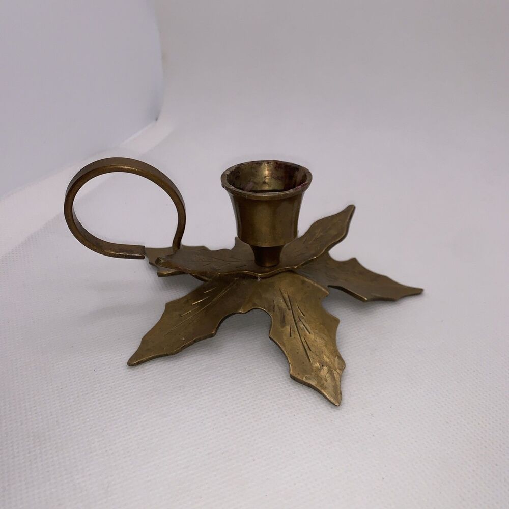 VINTAGE HOLLY LEAF SOLID BRASS CANDLESTICK HOLDER with FINGER LOOP MADE IN INDIA